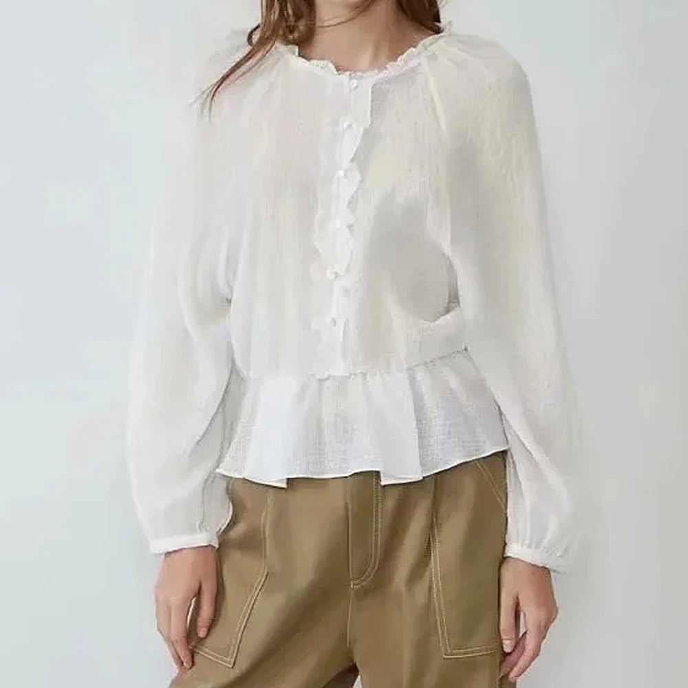 

Za 2021 spring women sweet single-breasted Thin Shirt Female Elastic Hem Tops long sleeve Blouses Lace elegance Blusas lady
