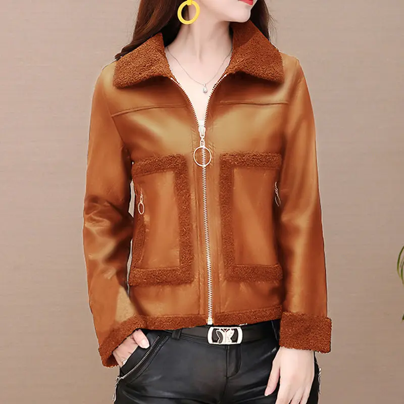 

2020 Women Autumn Winter Thick Imitation Lamb Wool Faux Leather Jackets Lady Matte Motorcycle Coats Biker Zippers Street Outwear