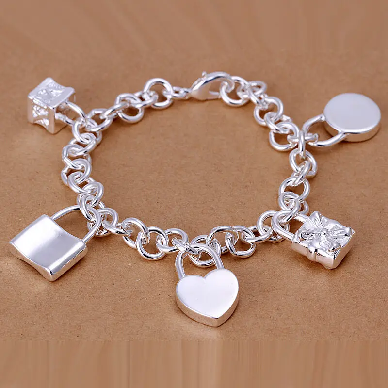 

925 Sterling Silver Jewelry Cool Heavy Five Lock Head Charm Men Bracelet 8"