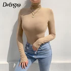 Darlingaga с высоким, плотно облегающим шею воротником, длинные узкие брюки с осень-зима боди для женщин твердый прозрачный костюм в сетку, соблазнительный, женское повседневное облегающее боди Топы