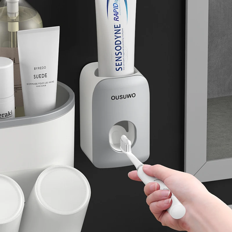 

Wall Mount Toothbrush Holder Toothpaste Squeezer Automatic Dispenser Bathroom Accessories Sets Storage Organizer Rack Box