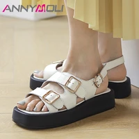 annymoli women gladiator shoes real leather sandals flat square toe sandals buckle platform ladies footwear summer white 2021