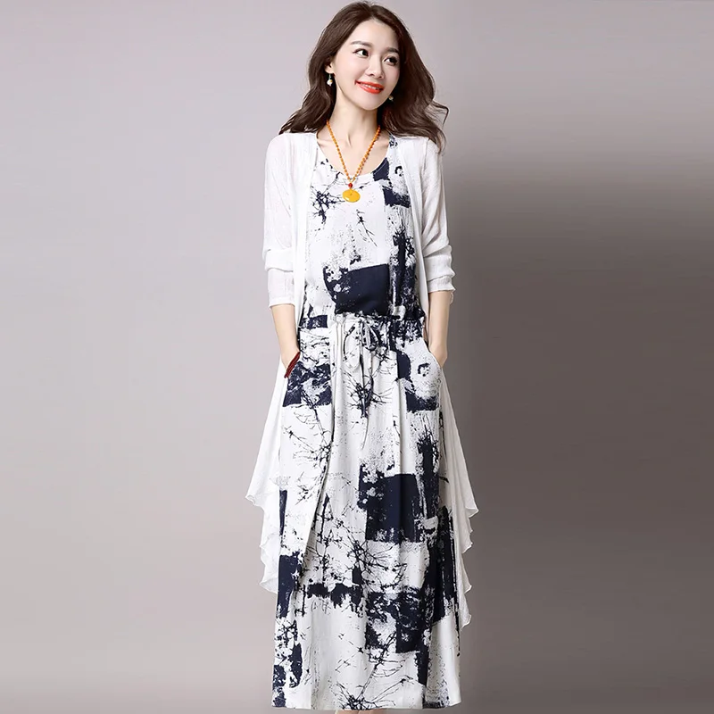 White with Dark Blue Винтажные платья, лето, китайские чернила и стирка, рисунок, длинный, хлопок, лен, набор, 2 штуки, женское Повседневное платье размера плюс - Цвет: White with Dark Blue
