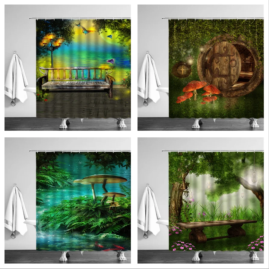 

Fairy Dream Forest Shower Curtains Waterproof Cartoon Fantasy Green Plants Trees Flowers Kids Bathroom Decor Cloth Curtain Set
