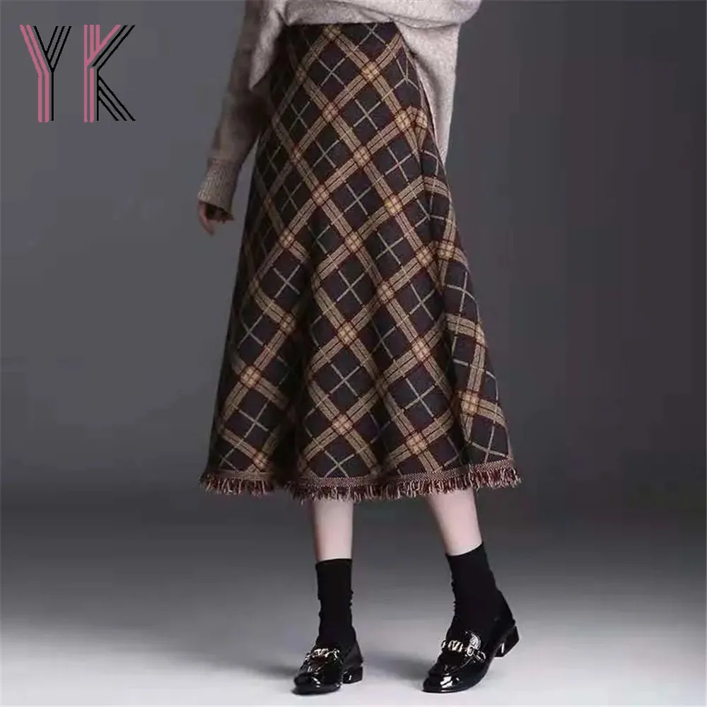 

Plaid Jacquard Tassels Wool Yarn Knitted Midi Skirts Vintage Elastic Band High Waist Sukienka Elegant Loose Autumn Winter Saia