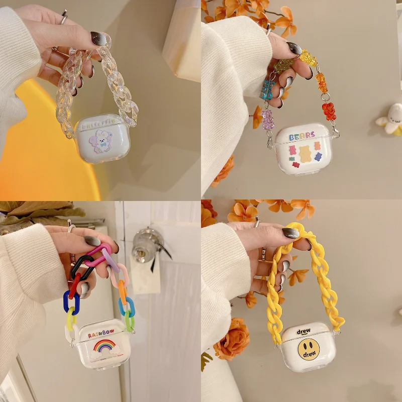 

For 2021 New airpods 3 case,Cute Pear Bracelet Shell Keychain Rabbit Bear Rainbow Transparent Earphone Case for Apple Airpods 3