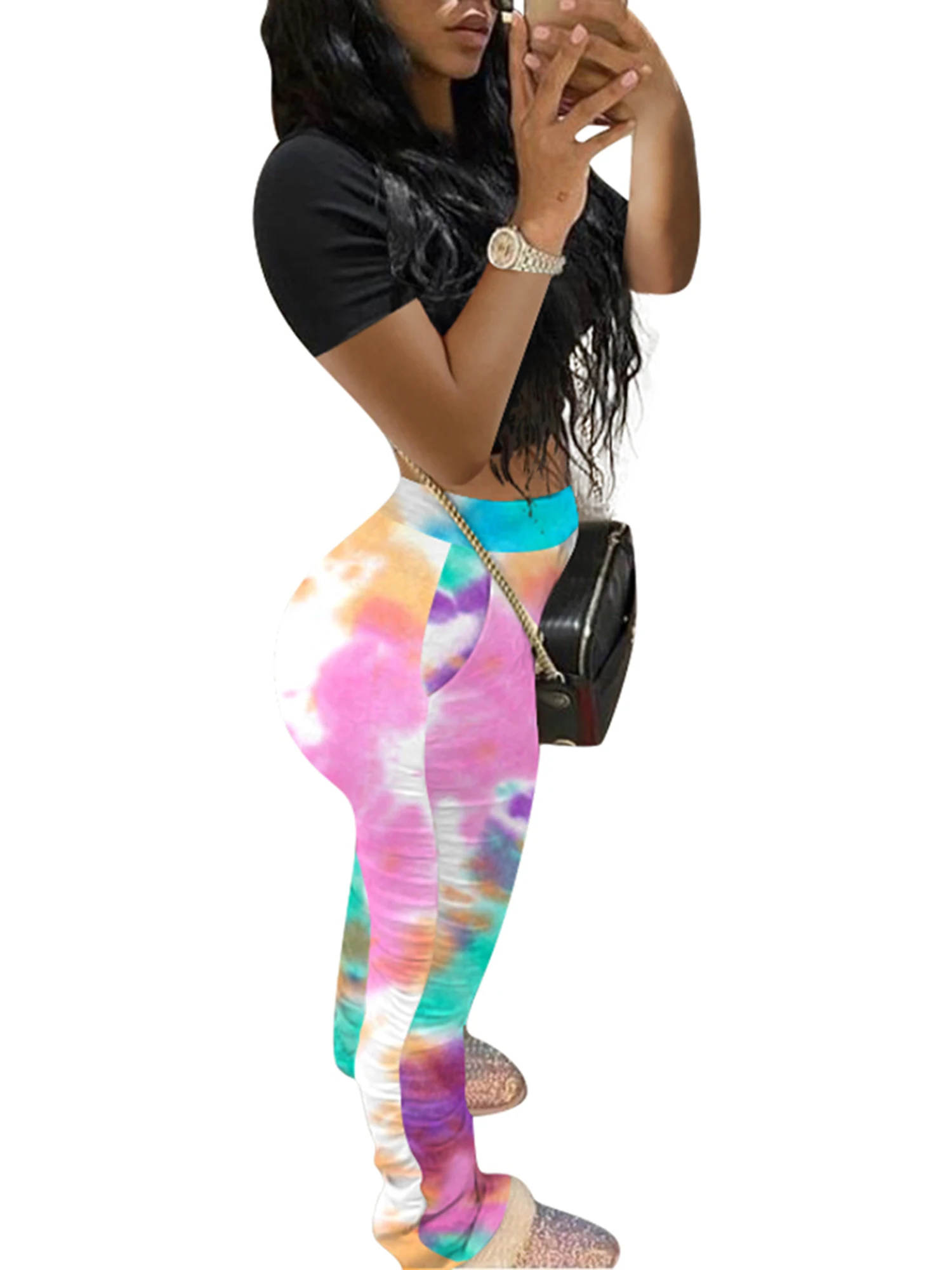 

Butterfly Print Sweatpants Women Flare Pants Ladies Stacked Joggers Pleated High Waist Pants Split Bell Bottom Pants Female