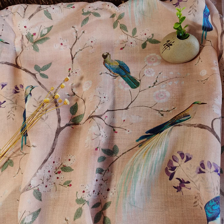 

Natural pure ramie fabric Flower and bird printing tissu High grade cheongsam robe dress fabrics