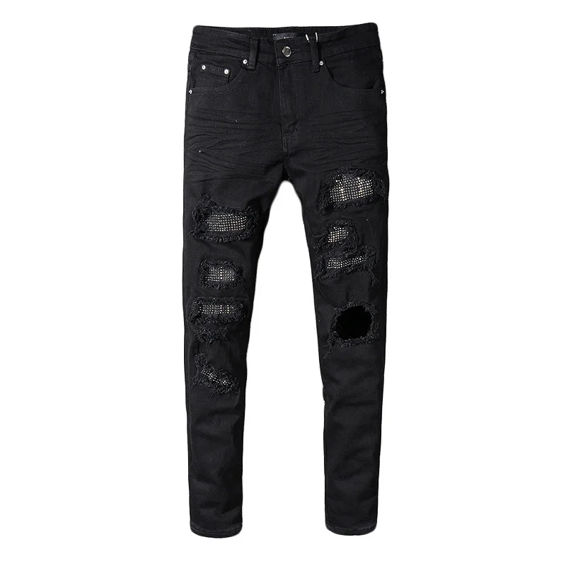 

brand Men's stripe painted BLACK jeans Fashion slim skinny holes patchwork stretch denim jeans pants for man big size 40 565