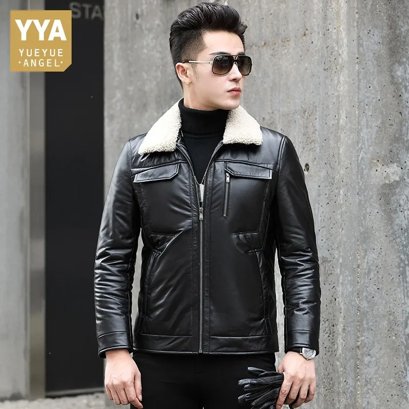 

Thick Winter New High Quality Genuine Leather Mens Down Coats Wool Turn Down Collar Fashion Male Casual Slim Jackets Plus Size