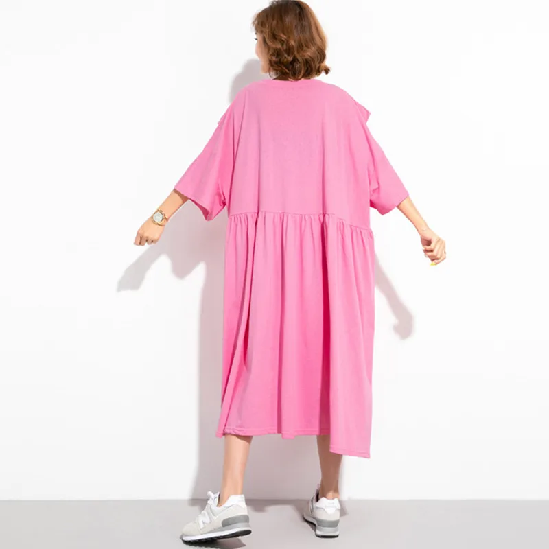 

Johnature New Casual Plus Size Letter Print Ruffles Dress For Women 2021 Summer Korean O-neck Half Sleeve Loose Dresses