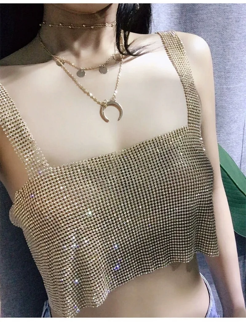 

H80&S90 New Shiny Diamond Beading Backless Mesh Basic Shirt Women Temperament Slim Crystal Round Beck Pullover Sexy Party Tops