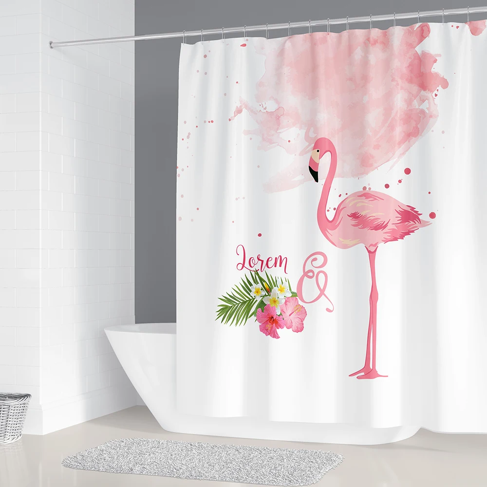 

Flamingos Shower Curtain Tropical Plant Pattern Bathroom Decor Polyester Digital Printing Waterproof Curtain with Hook