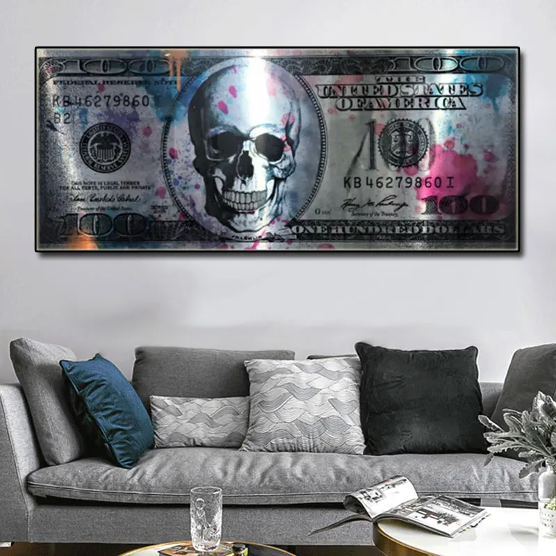 

Modern Canvas Painting Wall Art Graffiti 100 Dollars Posters and Prints SKULL Wall Pictures Living Room Aesthetic Room Decor