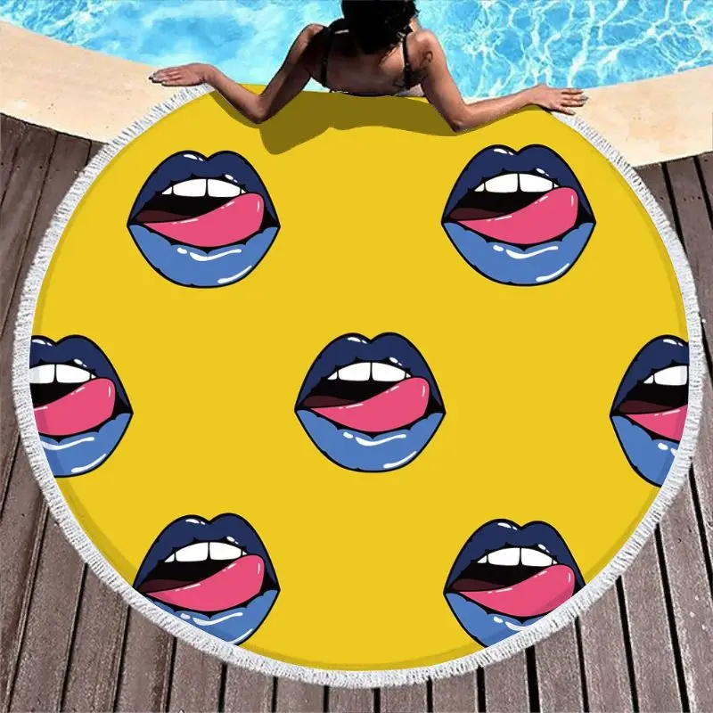 

Clubdeer Sexy Lips Large Beach Towels with Tassels Sunscreen Shawl Wrap Fade Proof Beach & Pool Use Round 59\" D white onesize"]
