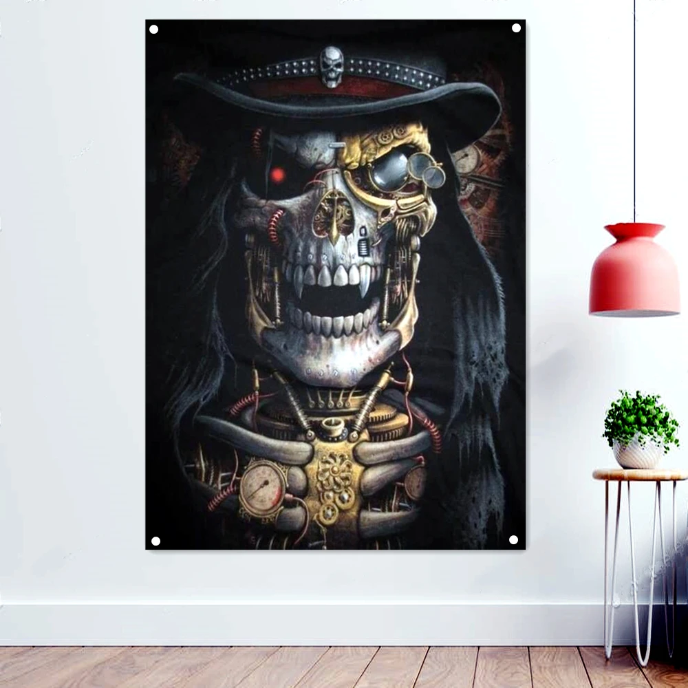 

Skull Tattoos Art Poster Wall Hanging Pirate Flag Polyester Banners Bar Cafe Home Decor Sticker Tapestry With Four Metal Buckle