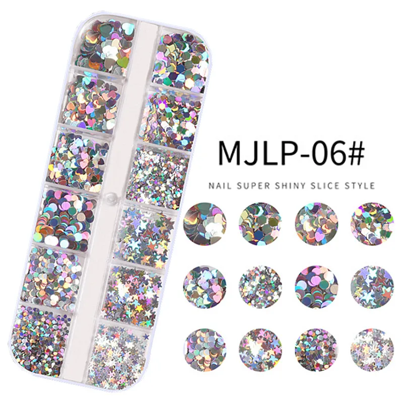 

12 Grids Nail Glitter Sequins Irregular Mixed Geometry Flakes Paillette Tips Round Star Chrome Pigment DIY Nail Art Decoration
