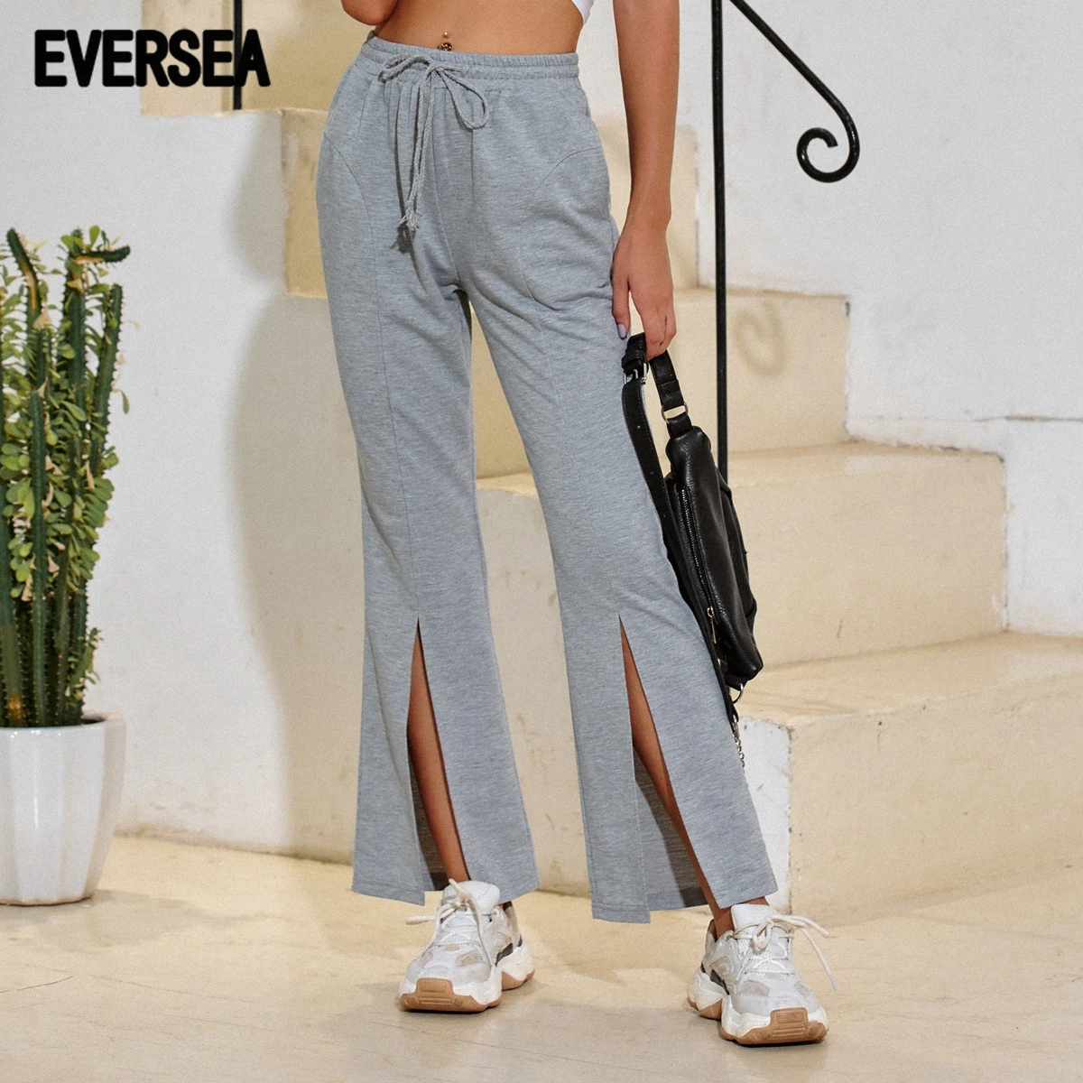 

Eversea Elastic Drawstirn High Wasit Sport Pants Women Causal Style Split Front Flare Trousers Bottom Wear