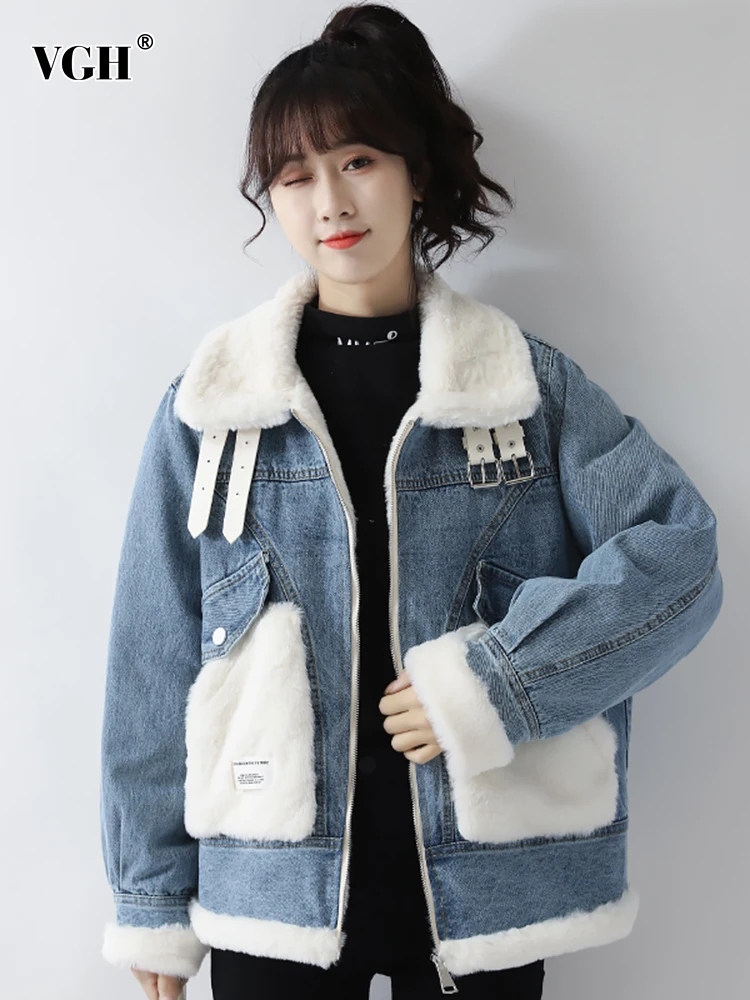 

VGH Korean Fashion Patchwork LambsWool Jacket For Women Lapel Long Sleeve Casual Cotton Jackets Female Clothing 2021 Style New