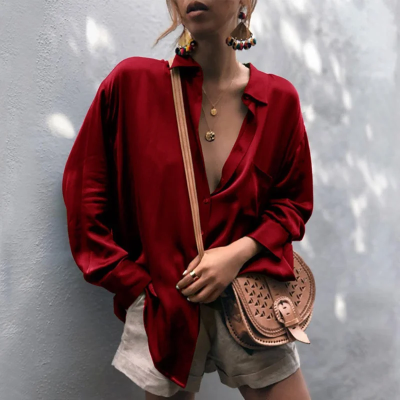 

Female Oversize Loose Button Solid Fashion Lady Tops Women's Spring Silk Satin Shirt Korean Long Sleeve Turn Down Collar Shirts