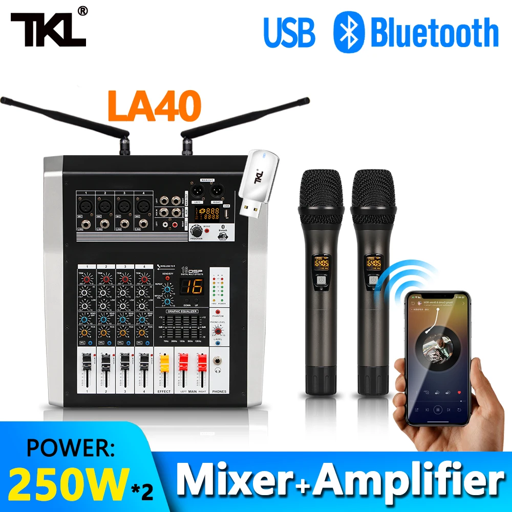 

TKL 4 Channel Audio Mixer With Amplifier 250w*2 Professional Wireless Microphone Sound Mixing Bluetooth USB DJ Mixer 48V phantom