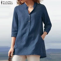 zanzea 2021 summer elegant women blouse v neck 34 sleeve tops solid work button blusas femininas clothing casual tunic chemise