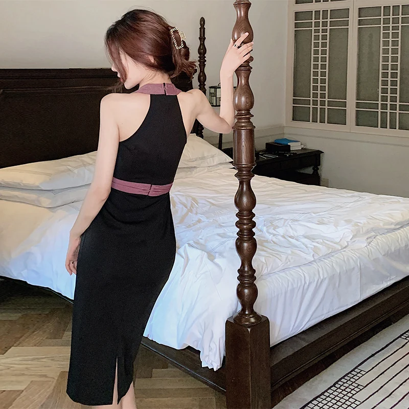 

COIGARSAM Sexy Women dress High Waist V-Neck Long Dresses 7102