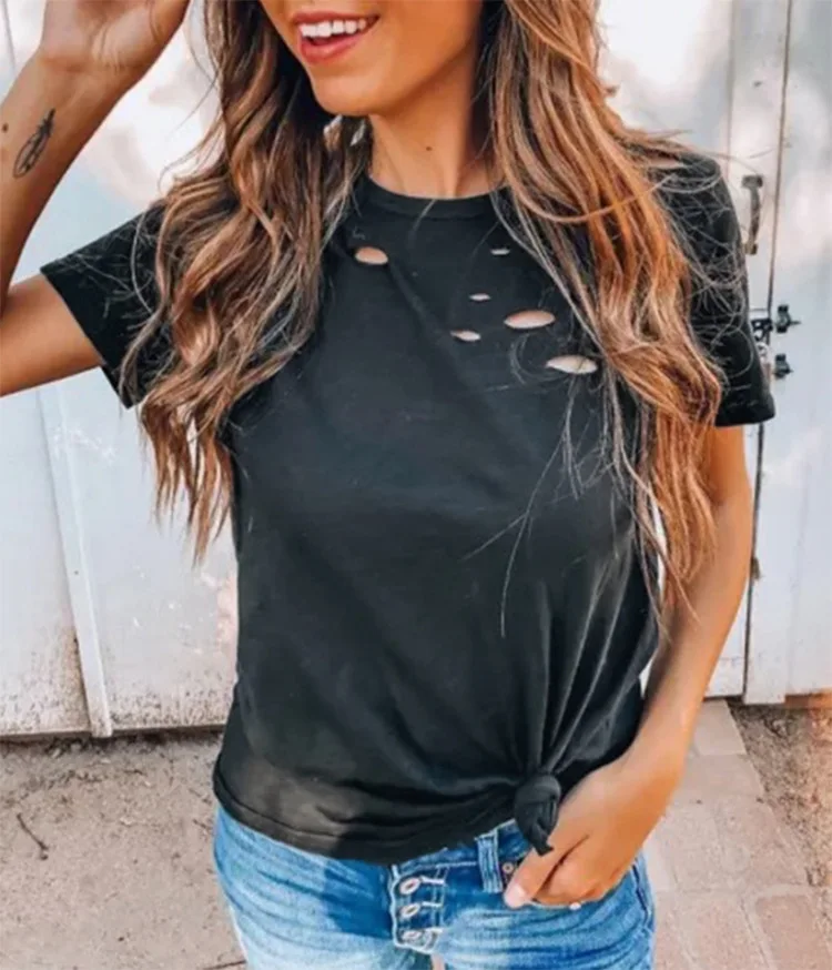 

2021 summer new women's Pullover round neck hole loose Casual Short Sleeve T-Shirt