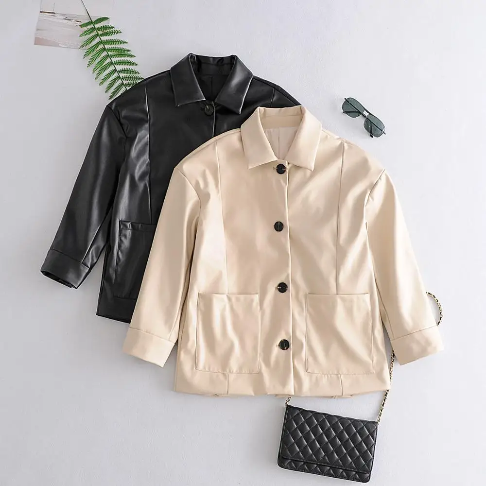 

Hot Vogue Oversized Coat Women Faux Leather Jacket Spring Autumn Loose Biker Motorcycle Jackets Female Punk Streetwear Pockets