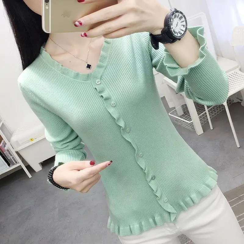 

Knitted Sweater Women's Autumn and Winter Long-Sleeved Bottoming Sweater Hipster Ruffled Top All-match Pullover Fashion