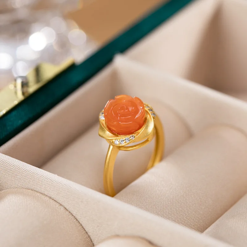 

S925 Sterling Silver Gilded Adjustable Opening Rings Southern Red Agate Retro Sweet Inlaid Rose Flower Women Ring K0102