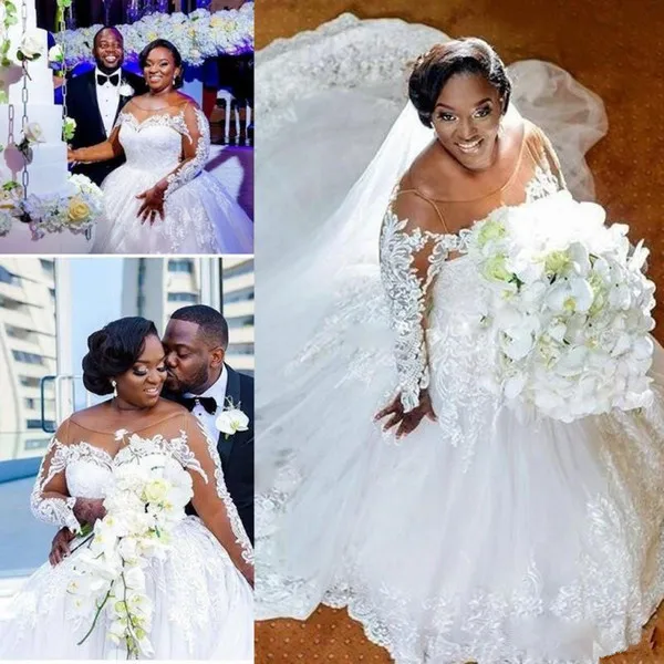 

A Line Wedding Dresses Sheer Neck Lace Applique South African Wedding Gowns Long Court Train Tulle Bridal Dresses