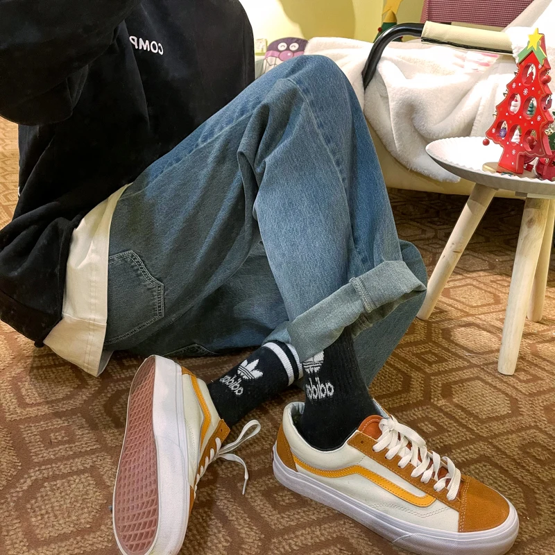 

Men's Solid Color Straight Harem Jeans White/Black Korean Man Loose Denim Trousers Streetwear Male Casual Pants 6Colors