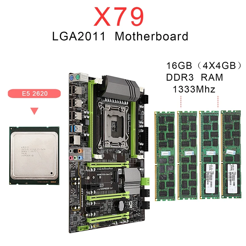 Материнская плата X79 LGA2011 Combo с ЦП E5 2620 4 канальный 16 Гб (4X4GB)DDR3 ОЗУ 1333 МГц NVME M.2 слот