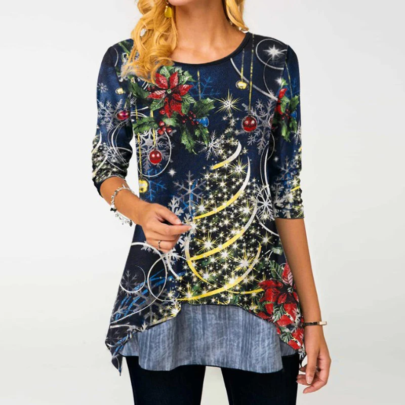 

Christmas Blouse Shirt Women 2021 Christmas Tree Printed Ladies Tops Shirt Casual Long Sleeve Blouse Female Shirt Camiseta Mujer