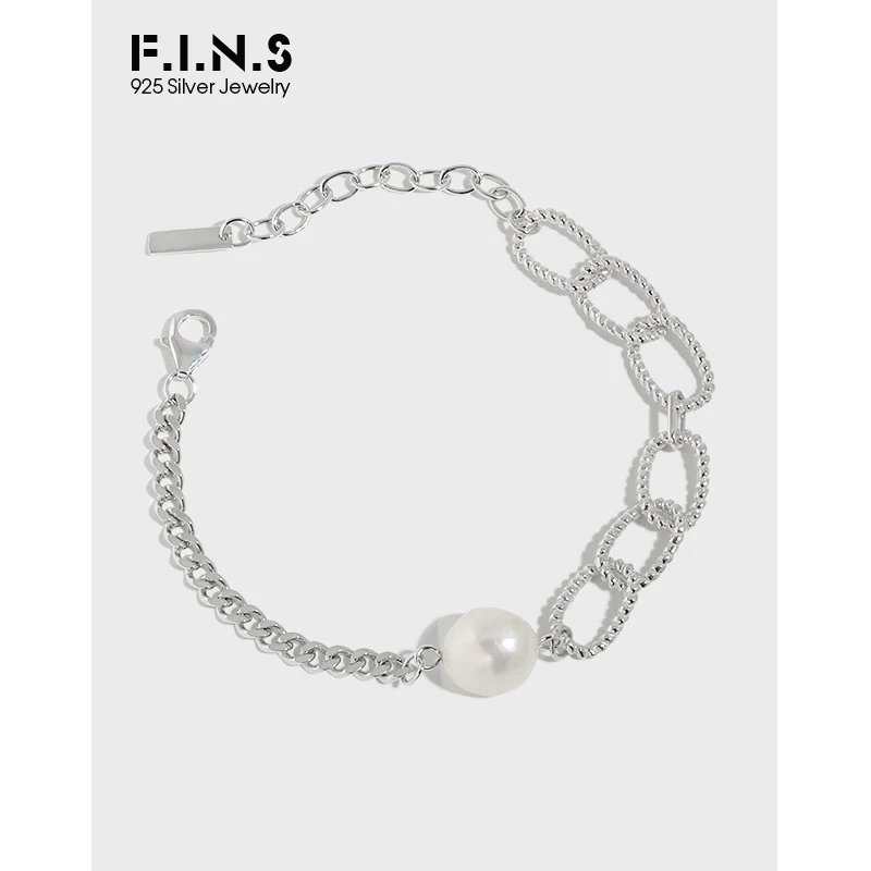 

F.I.N.S Korean S925 Sterling Silver Baroque Pearl Asymmetry Chain Bracelet Charms Freshwater Pearl Cuban Chain Bracelet for Hand