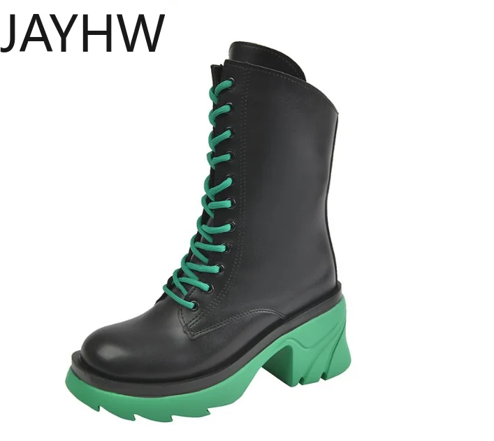 

Женские ботинки со шнуровкой, ботинки средней длины на высоком квадратном каблуке, модные ботинки на платформе с боковой молнией, женская к...