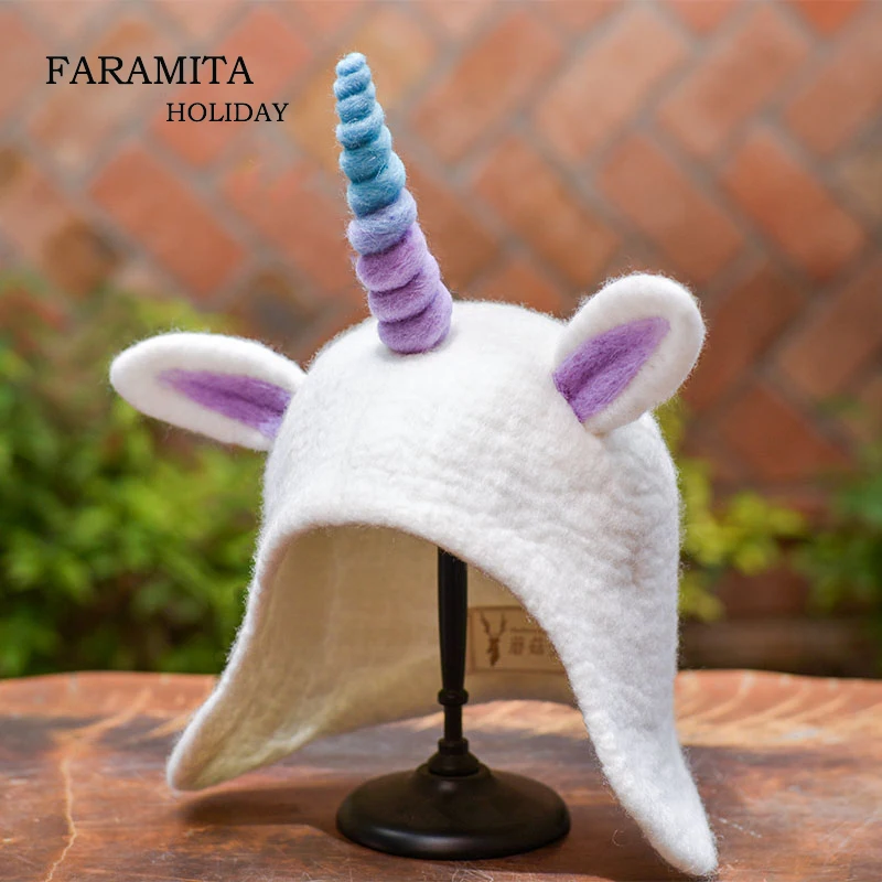 Faramita Holiday Women Girls Unicorn Elves Witch White Cute Wool Handmade Hats Novelty Manual Headwear Warm Caps Hat Kids