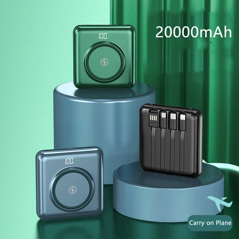Портативный Qi Беспроводное зарядное устройство Power Bank 10000 мАч 20000 мАч Встроенный кабель Mini Powerbank для iPhone 12 Samsung Xiaomi Powerbank