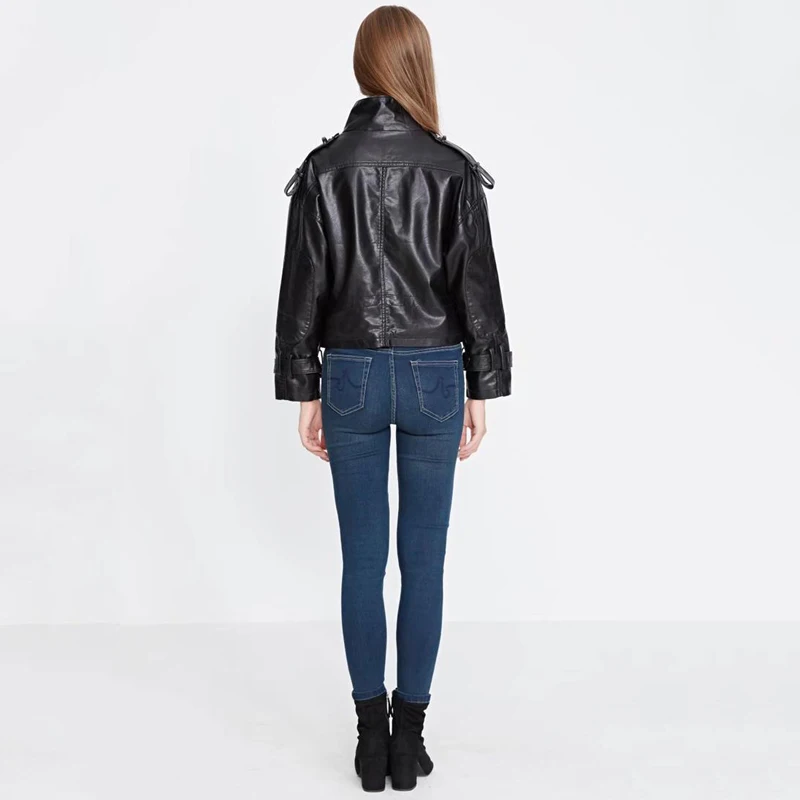 Женская мотоциклетная куртка TMODA295 черная из искусственной кожи на молнии