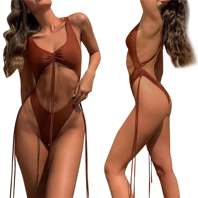 

Новинка 2021, лидер продаж, Модный женский пикантный купальник без рукавов, классическое боди с V-образным вырезом, однотонный купальник с отк...