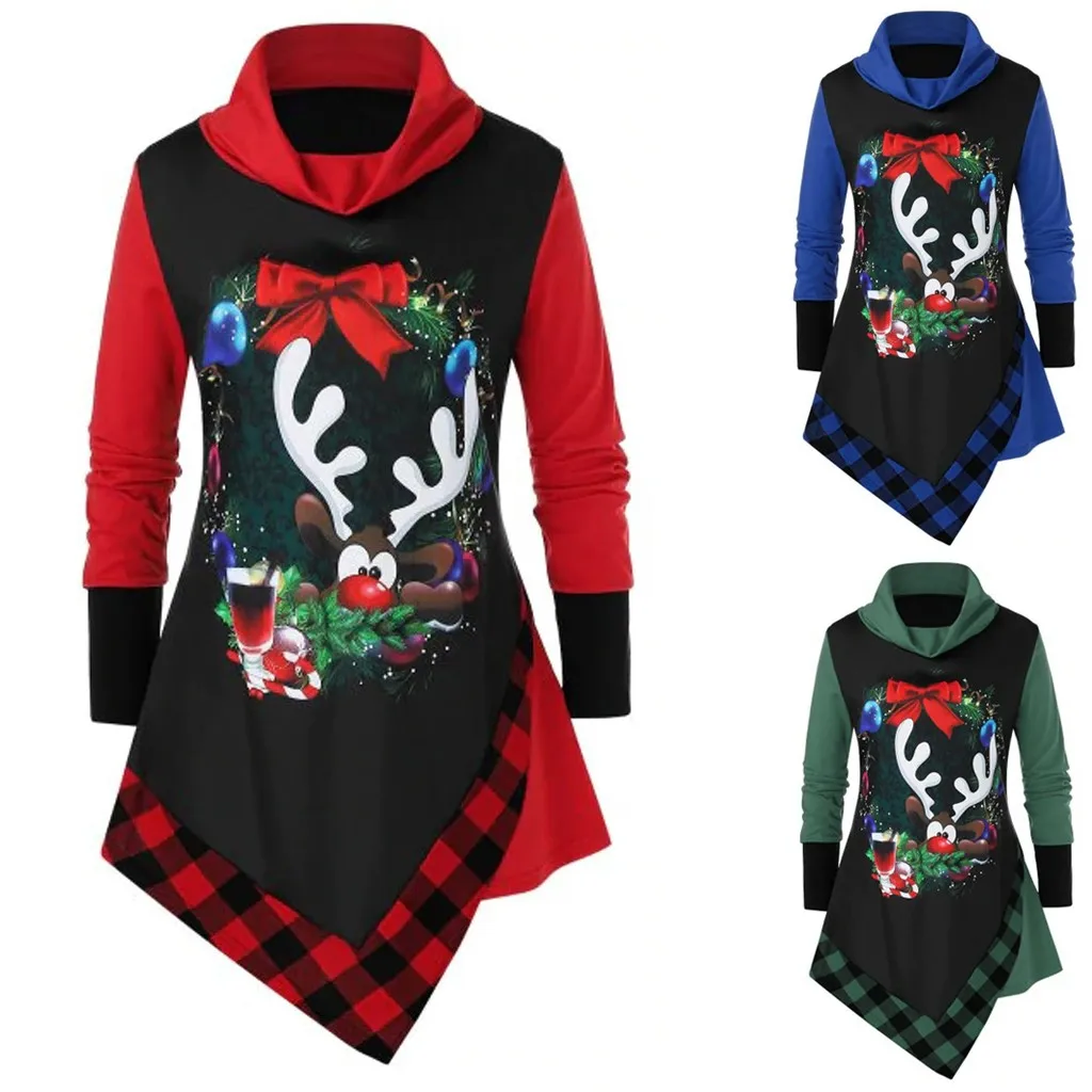 Женская рождественская клетчатая длинная футболка с принтом оленя бархатный