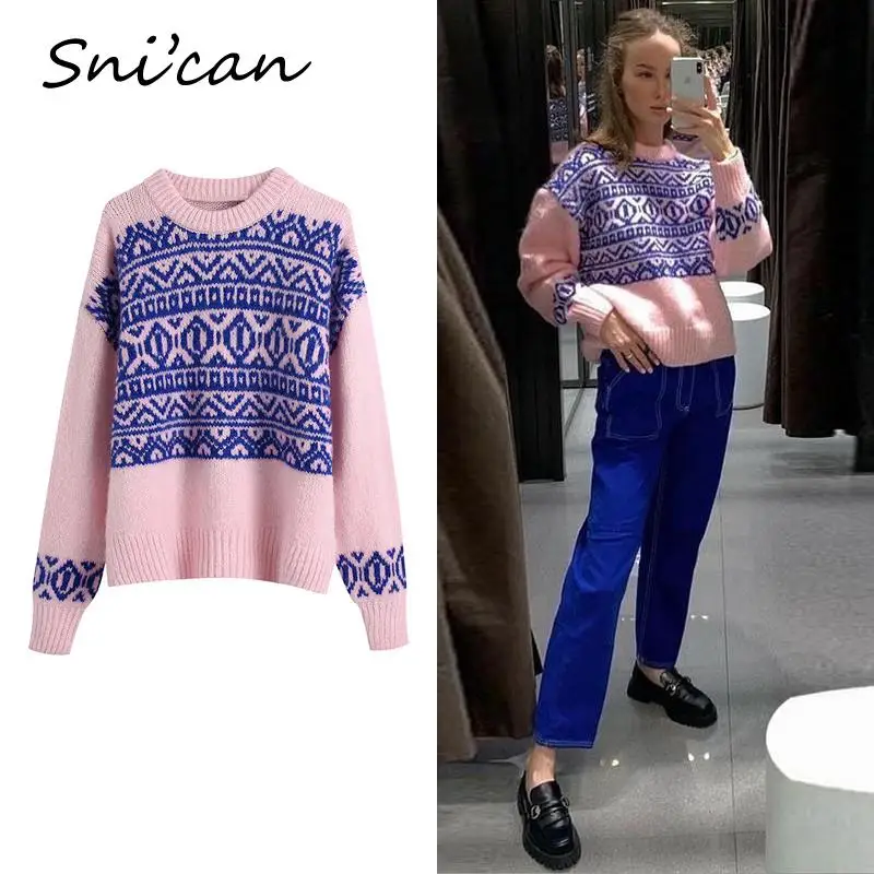 

Пурпурный вязаный свитер с геометрическим рисунком, зимние шикарные топы с длинным рукавом, женский свитер 2021 Za, женский джемпер, повседнев...