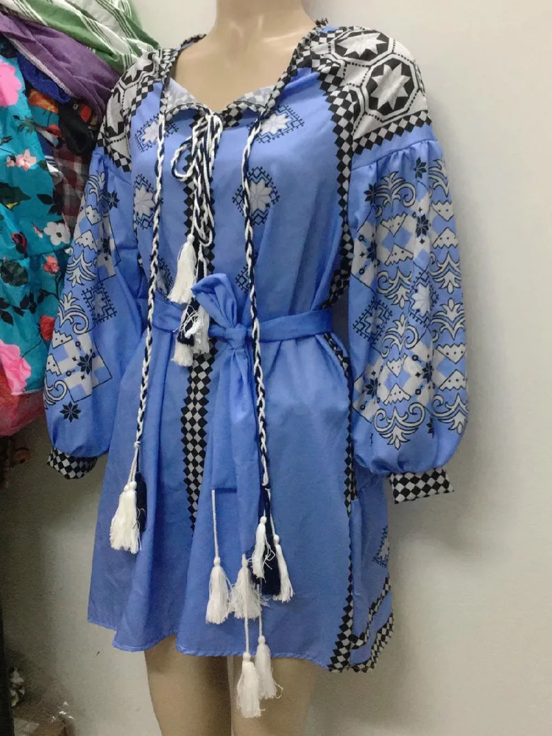 Женское повседневное мини-платье с этническим принтом и рукавами-фонариками |