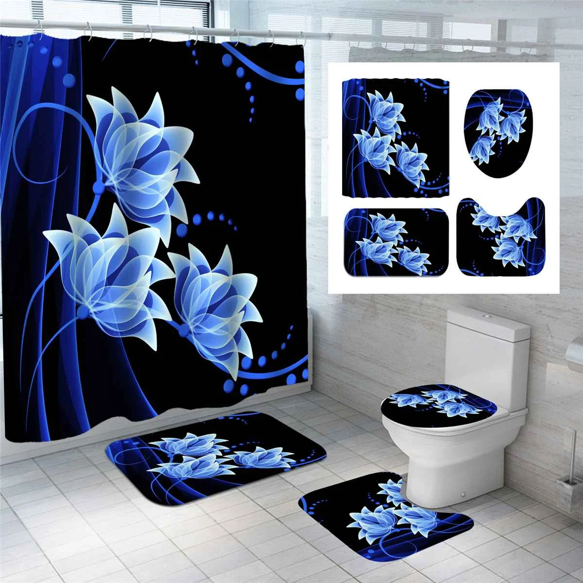 Blue Flower Printed Pattern 180x180/150cm Shower Curtain Pedestal Rug Lid Toilet Cover Mat Non-slip Bath Mat Set Bathroom