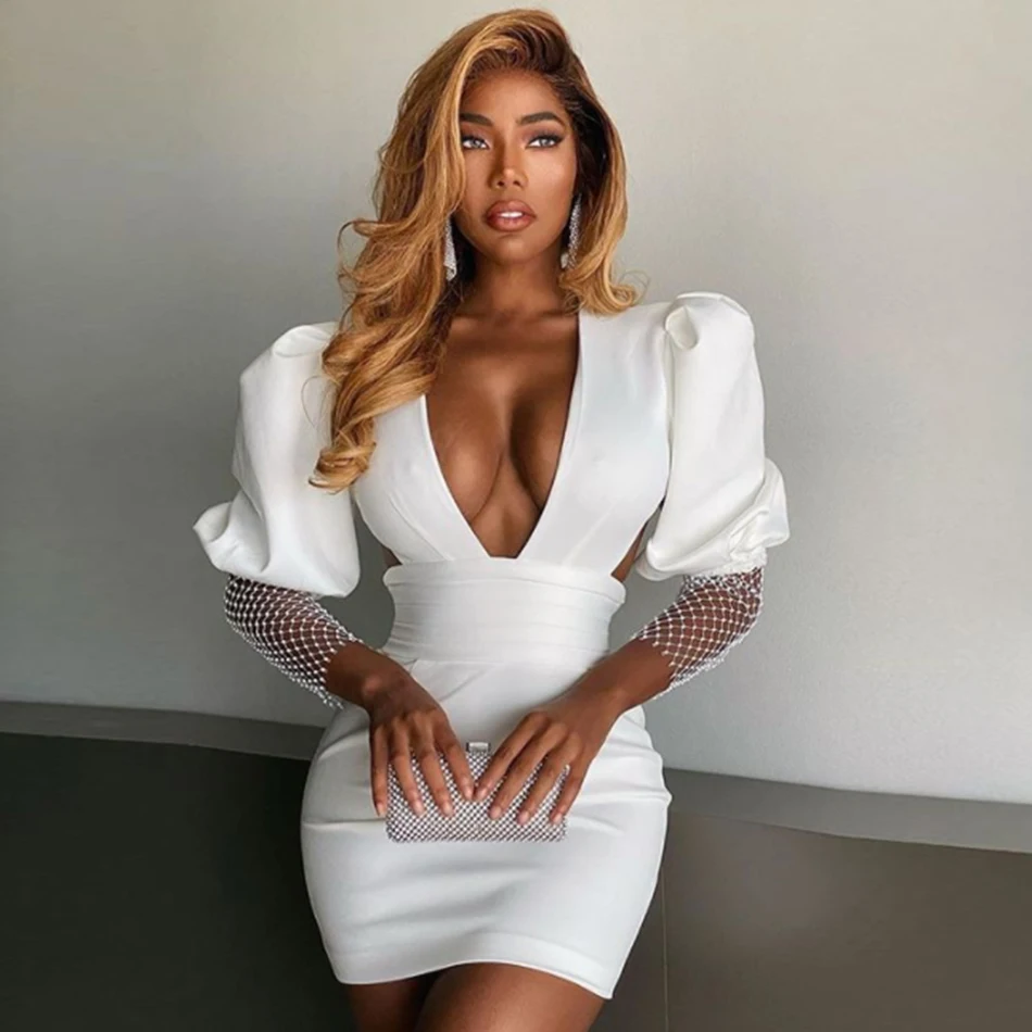 

Out Lantern Short Sleeve Black Celebrity Runway Party Dress New Summer Women White Backless Bodycon Club Dress Sexy Hollow