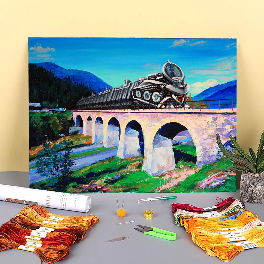 

Пейзаж Поезд с предварительно нанесенными надписями 11CT вышивка крестом, Полный Набор для вышивания DMC Темы ручной работы Вязание обувь ручн...