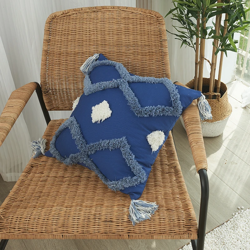 

G Sofa Geometric Pillowcase Blue and White Tufted Tassel Pillowcase Decorations For Home decorativos cojines