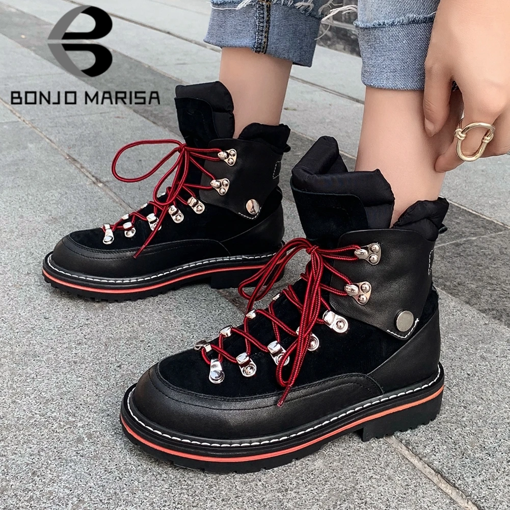 

BONJOMARISA Chic Winter Shoes Boots Women Shoelaces Genuine Leather Brand Design Skidproof Rubber Sole Outdoor Ankle Booties