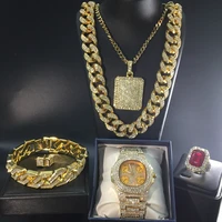 luxury men gold color watch necklace bracelet ring combo set ice out cuban necklace in crystal hip hop jewelry for men